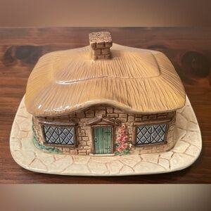 Vintage 1950’s Hand-Painted Ceramic Cottage Butter Dish-Sylvan Ceramics, England